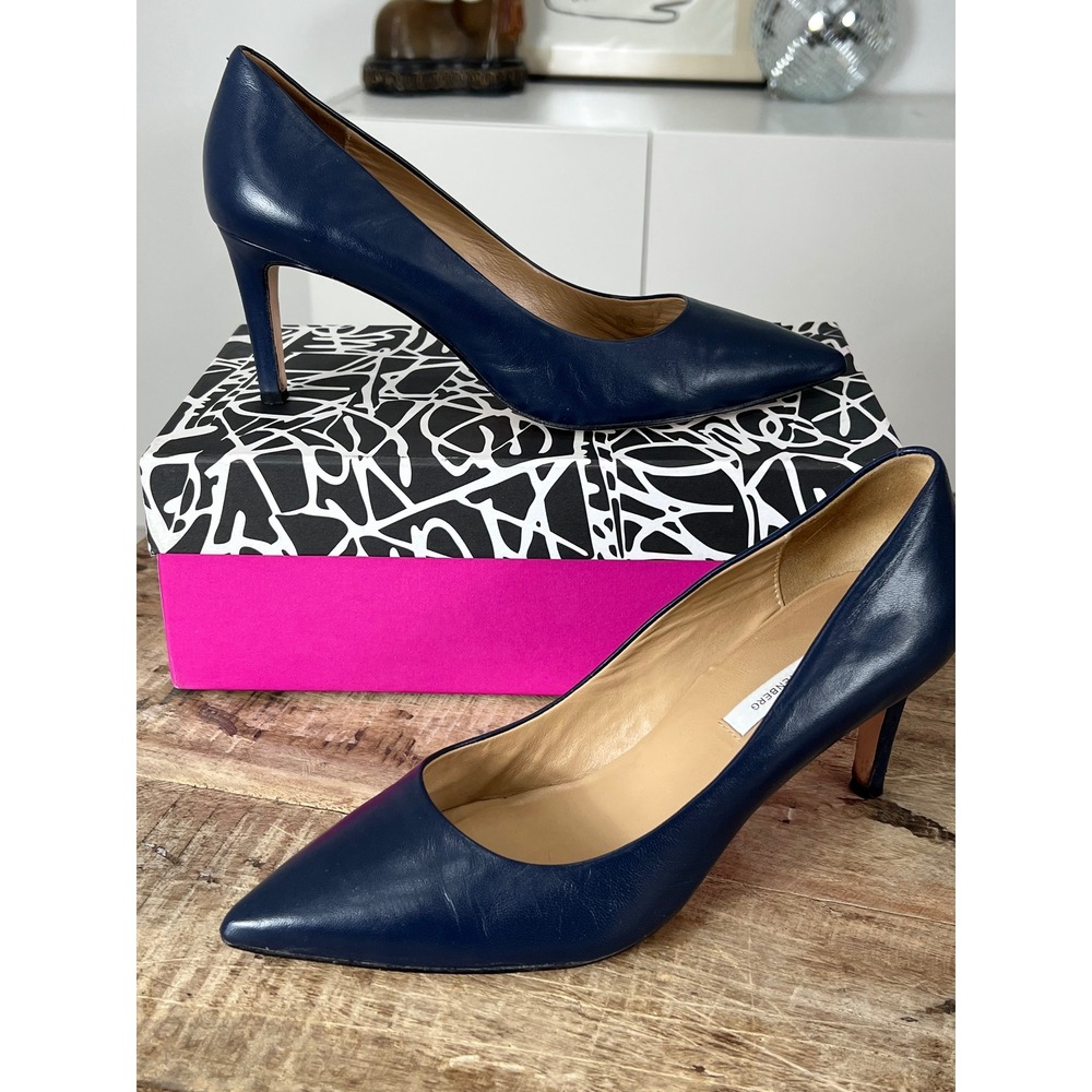 Diane von Furstenberg Navy Blue Leather Pointed Toe Pumps Stiletto Heels 9.5